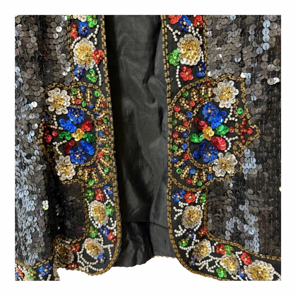 Floral Maximalist Sequin Beaded Jacket S Black Silk Vintage Stenay Whimsigoth